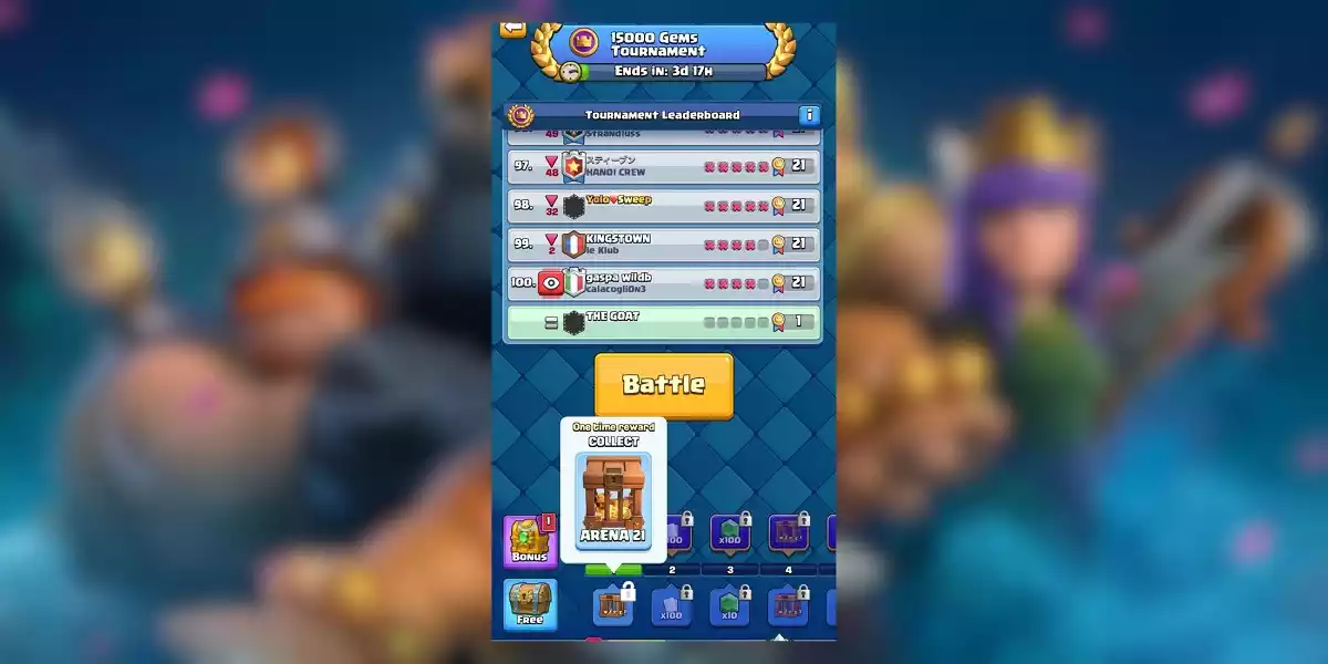 Recompensas do torneio de 15.000 gemas do Clash Royale