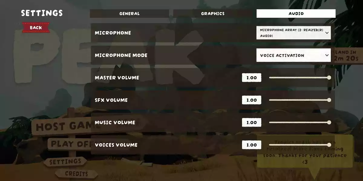 Verifique as configurações de áudio do jogo PEAK