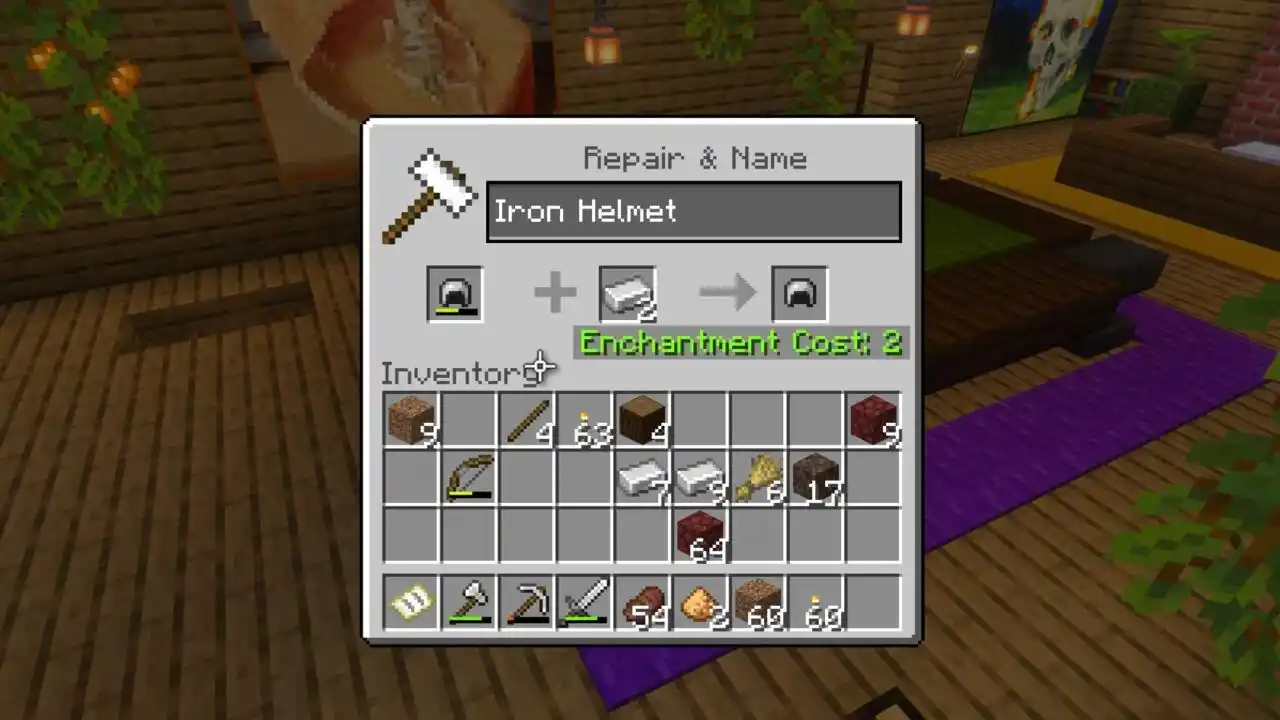 minecraft Reparando um capacete de ferro em uma bigorna
