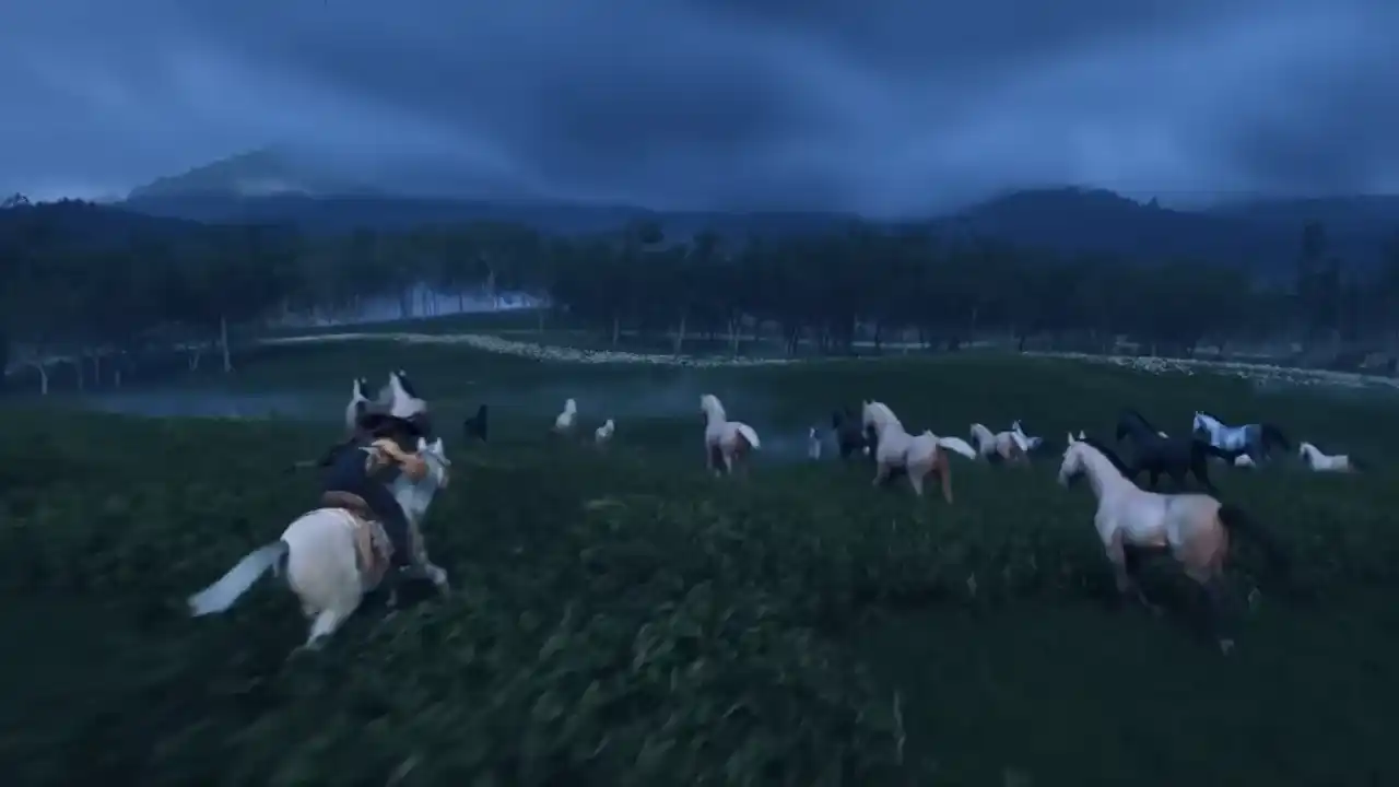 Ghost of Yotei sem barras pretas a cavalo