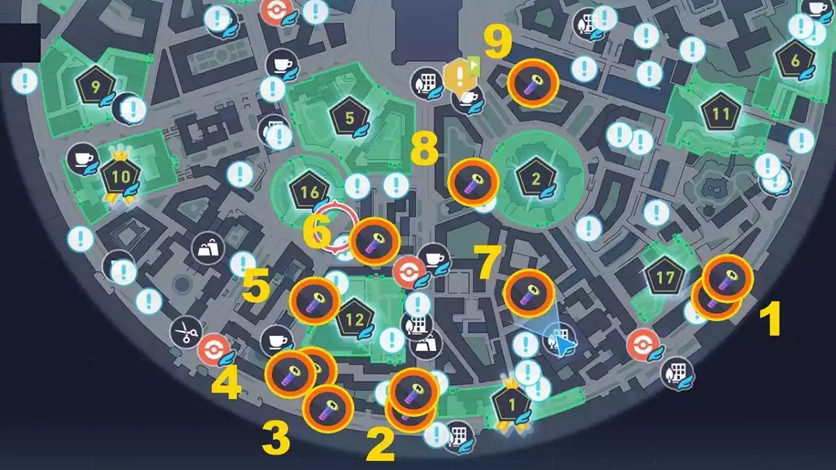 Locais de parafusos coloridos no sul da cidade de Lumiose