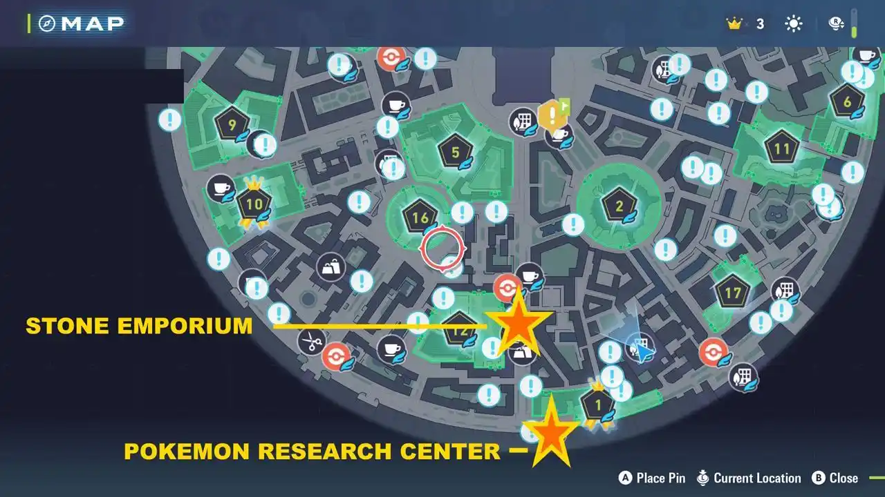 localização do Centro de Pesquisa Pokémon e do Empório de Pedra Pokemon Legends ZA