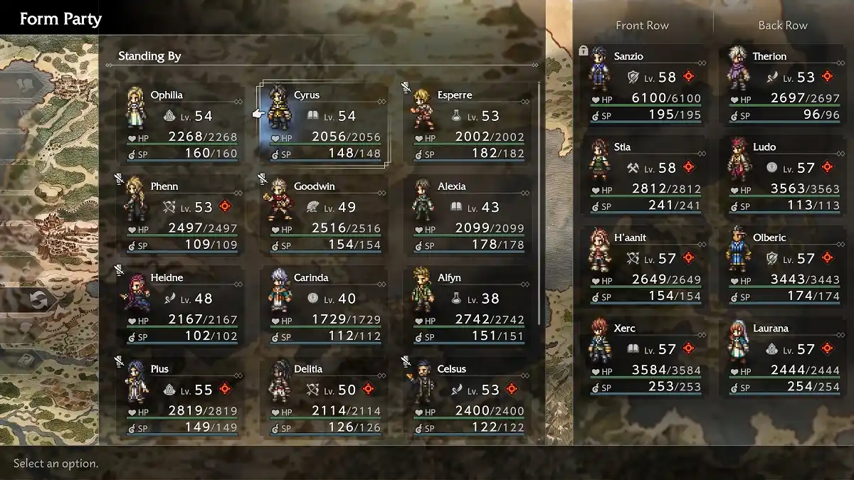 party personagens menu Octopath Traveler 0