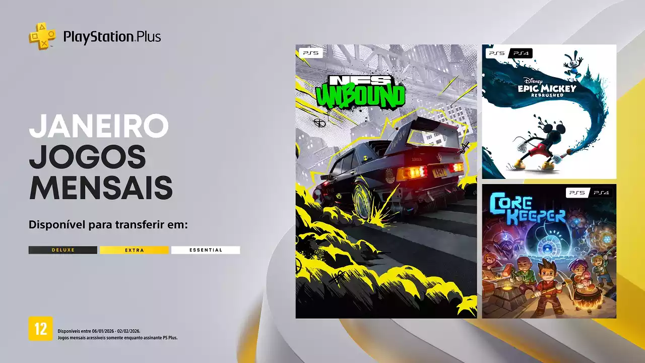 PlayStation Plus Essential de Janeiro 2026 tem Need for Speed Unbound, Disney Epic Mickey: Rebrushed e Core Keeper