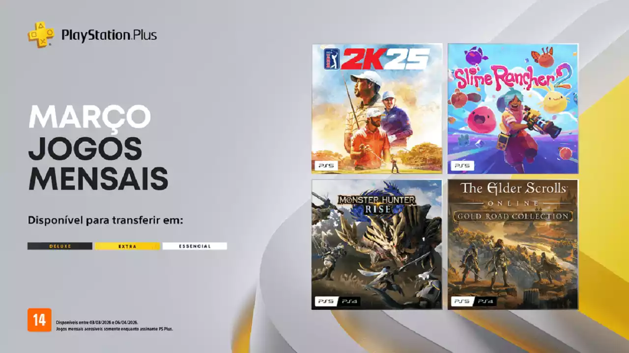 Jogos Mensais do PlayStation Plus de Março 2026 tem Monster Hunter Rise, Slime Rancher 2, The Elder Scrolls Online Collection: Gold Road e PGA Tour 2K25