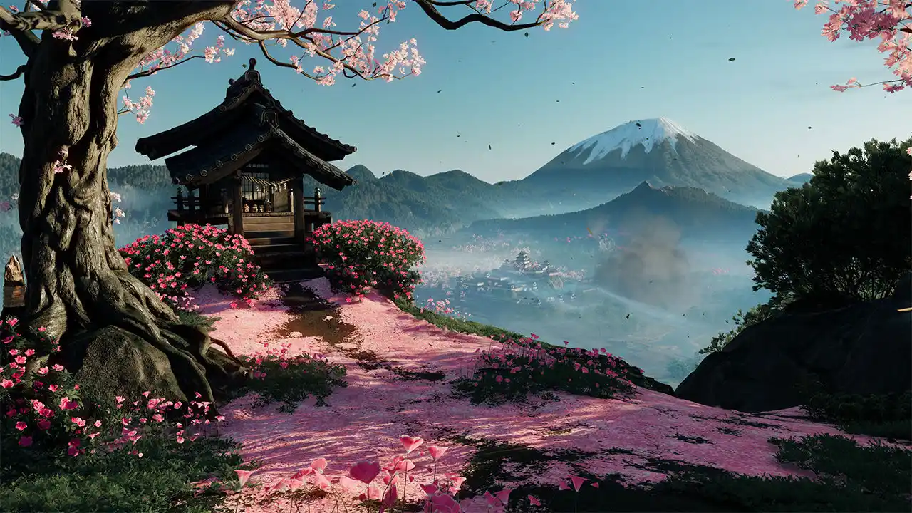 Ghost of Yotei Echoes of Sekigahara santuario com flor de cerejeira Ghost of Yotei Echoes of Sekigahara santuario com flor de cerejeira